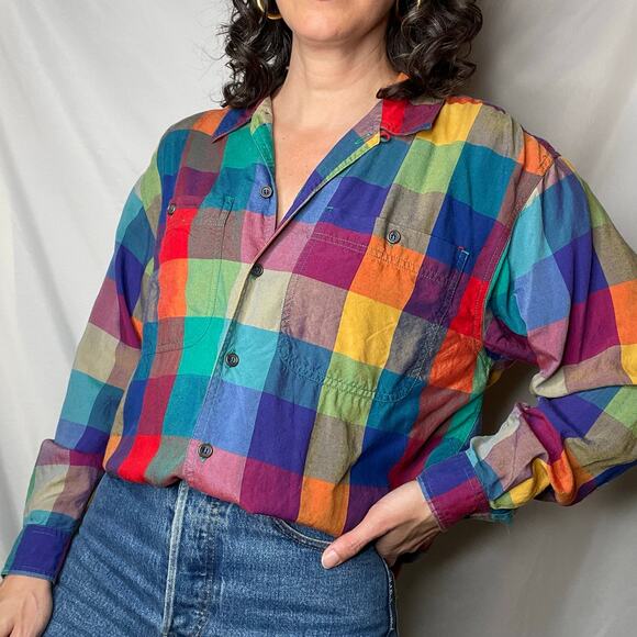 Vintage Tops - SOLD Vintage lizwear rainbow plaid checkered shirt long sleeve button-down M
